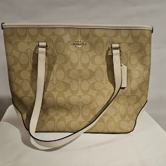 COACH F58294 Zip Top Tote In Signature Canvas Logo Khaki Chalk - Picture 1 of 12